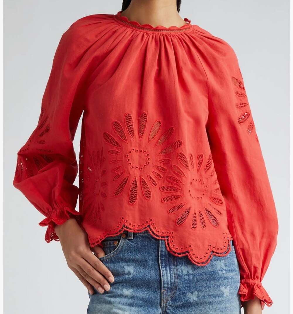 Ulla Johnson Louisa Eyelet Ruffle Linen Blend Top Blouse Poppy Red 2